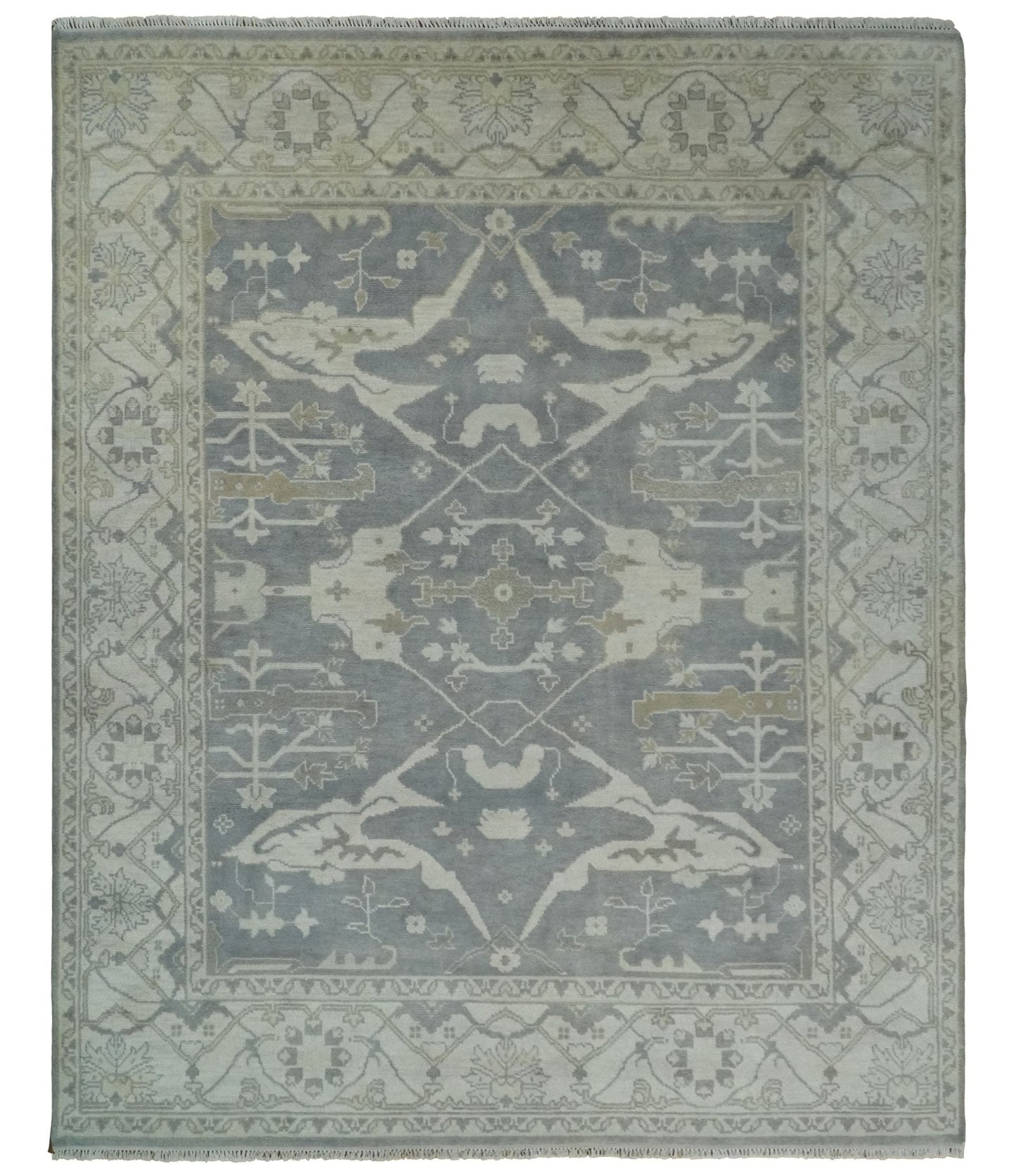 Antique Silver, Ivory and Beige Hand Knotted 8x10 Oriental Oushak Wool Area Rug, Living Room Rug | TRDCP1159810