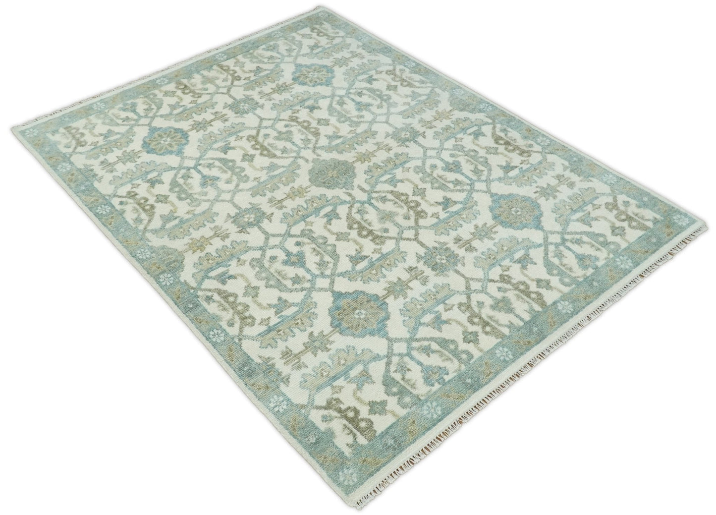 Ivory, Blue and Beige Hand knotted Traditional Large Design Multi Size wool Area Rug