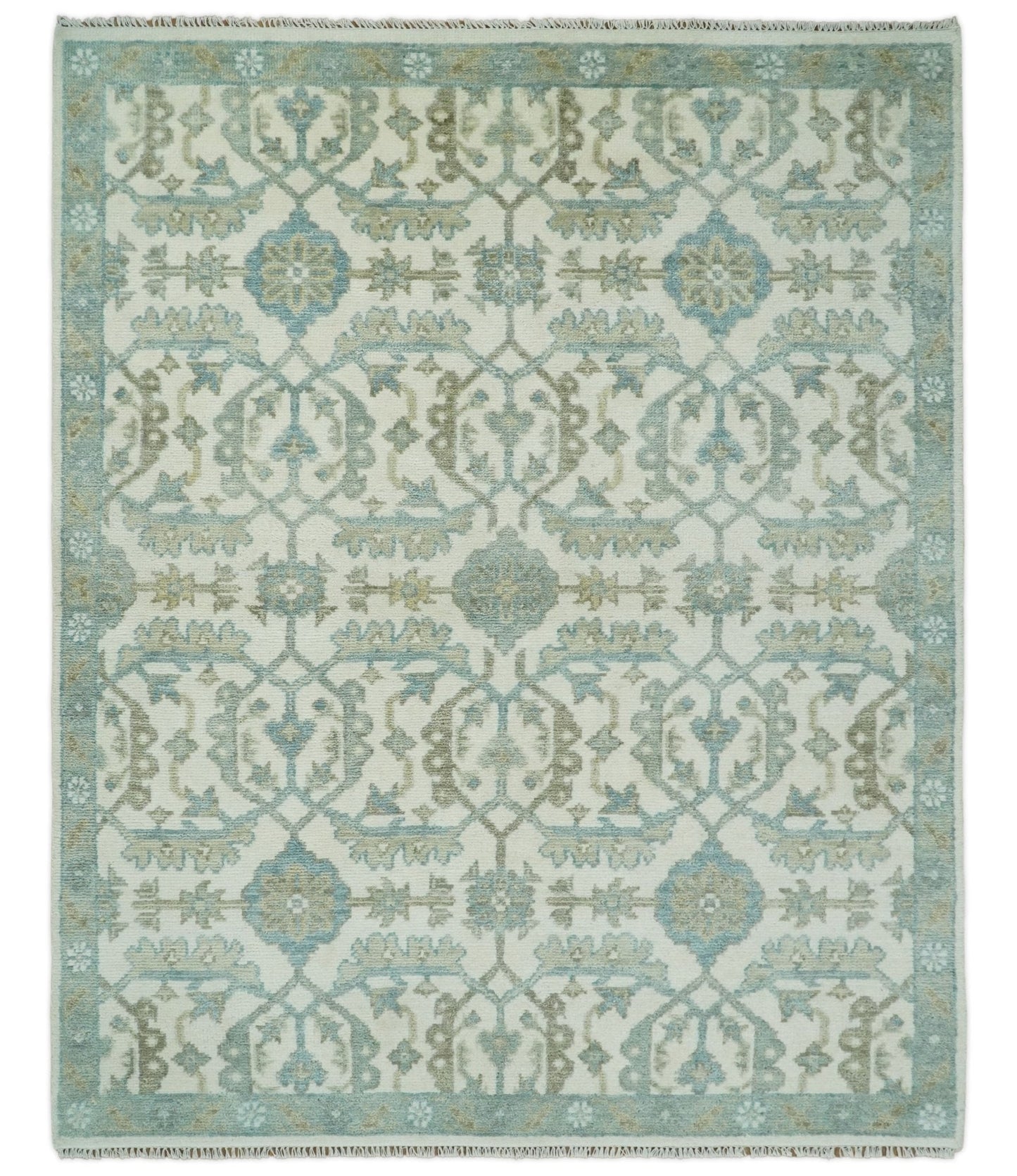 Ivory, Blue and Beige Hand knotted Traditional Large Design Multi Size wool Area Rug