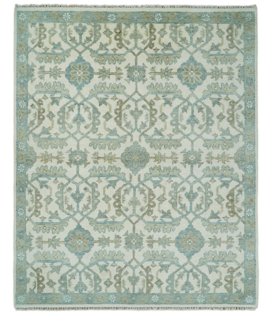 Ivory, Blue and Beige Hand knotted Traditional Large Design Multi Size wool Area Rug