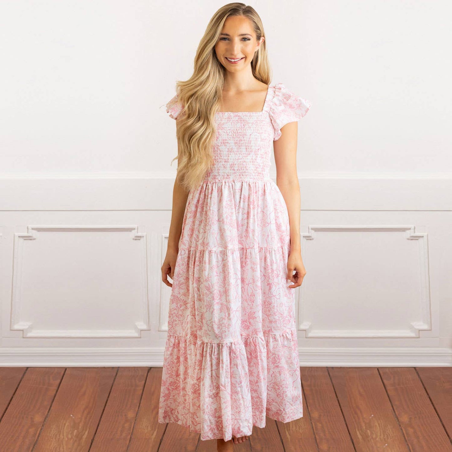 8 Oak Lane - Pink Bow Toile Smocked Flutter Sleeve Dress