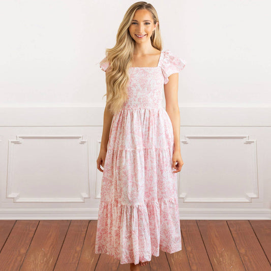 8 Oak Lane - Pink Bow Toile Smocked Flutter Sleeve Dress