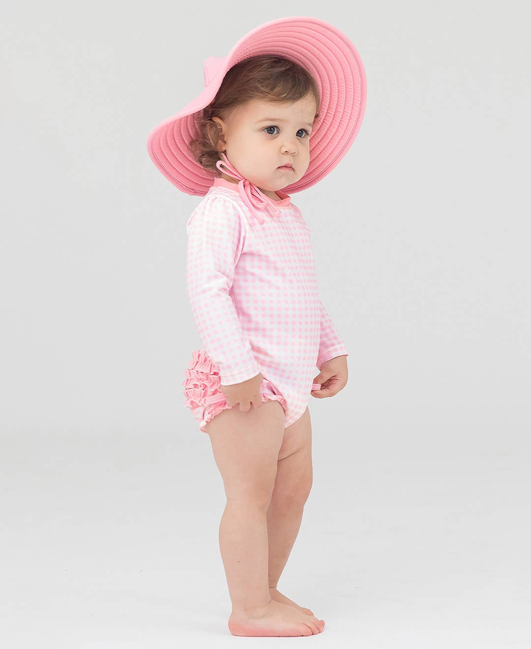 RuffleButts + RuggedButts - Baby Girls Pink Gingham Long Sleeve One Piece Rash Guard