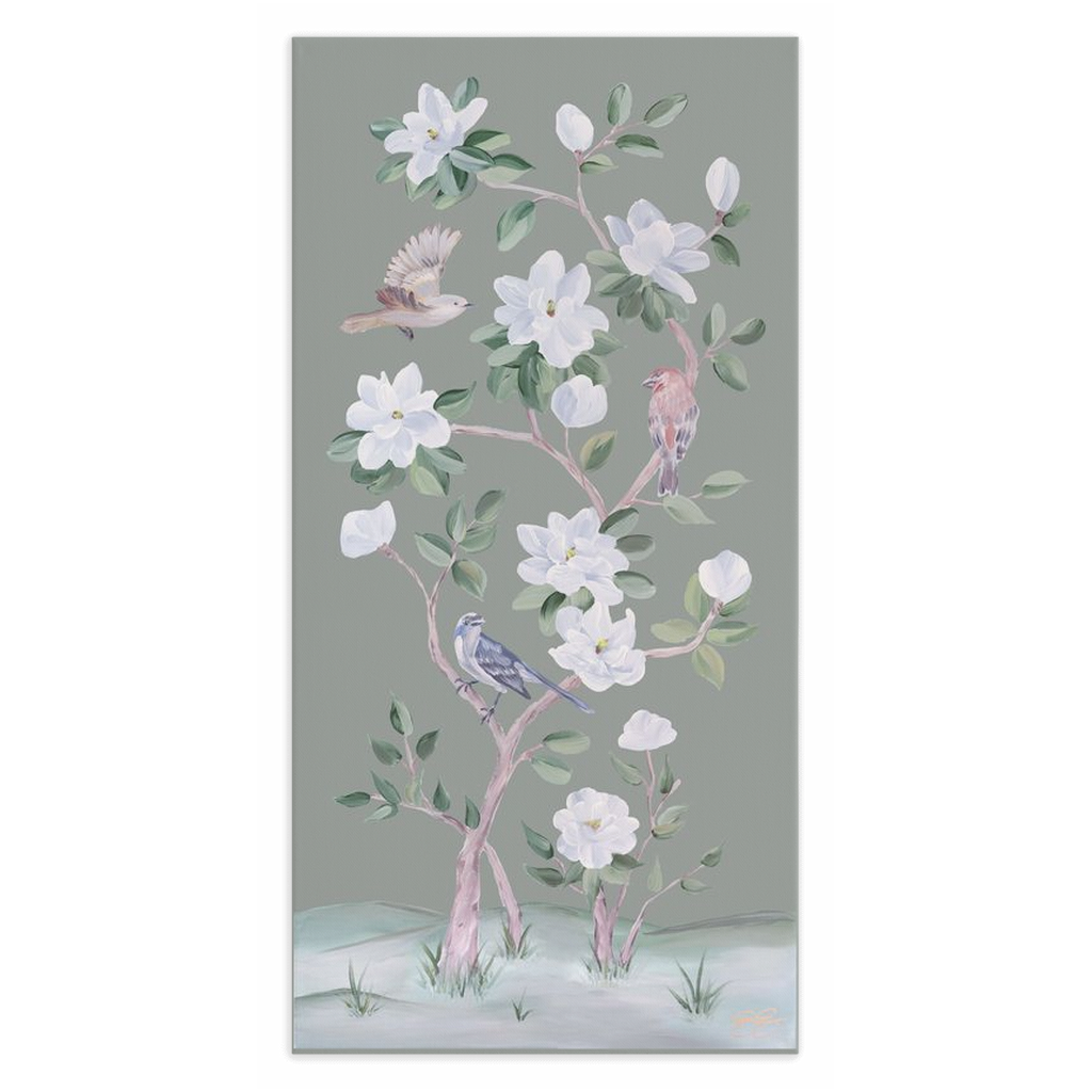 Songbirds and Magnolias, a green chinoiserie canvas wrap