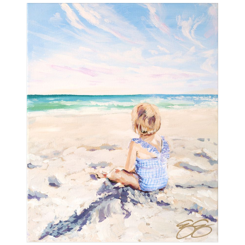 Beach babies: blue gingham, a fine art print on paper