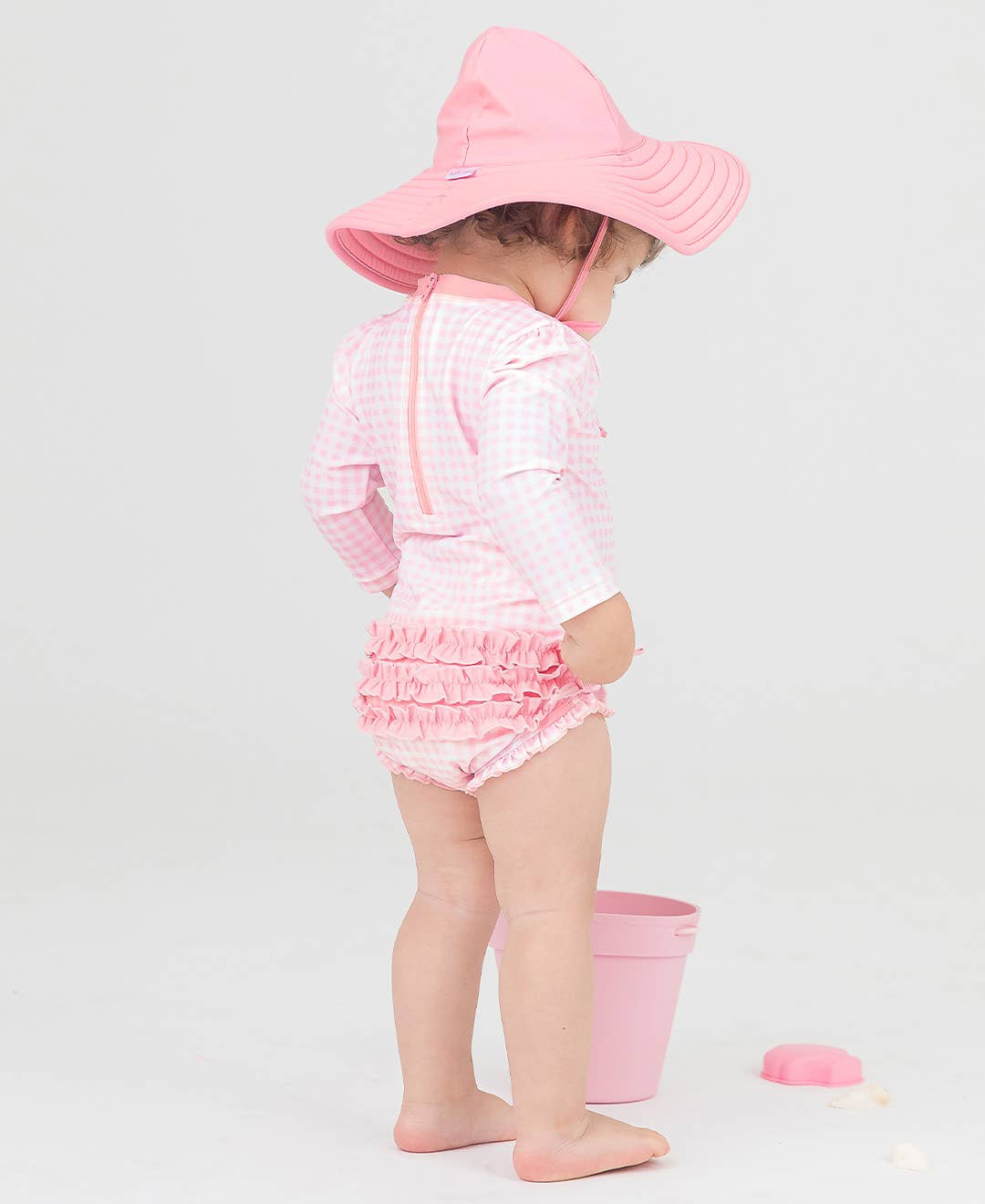 RuffleButts + RuggedButts - Baby Girls Pink Gingham Long Sleeve One Piece Rash Guard