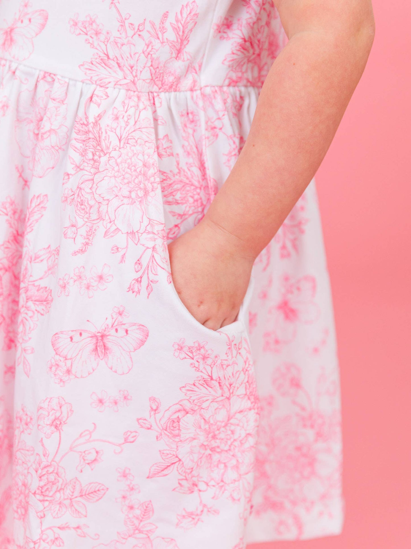 RuffleButts + RuggedButts - Girls Bubblegum Pink Butterfly Garden Toile Puff Short Sleeve Bow Twirl Dress