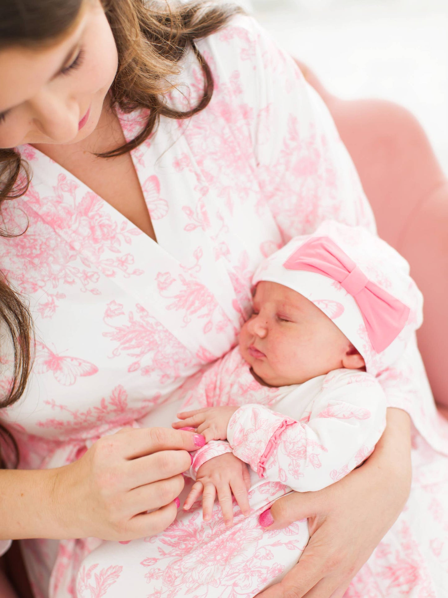 RuffleButts + RuggedButts - Women's Pink Butterfly Garden Toile Bamboo Viscose Mommy & Me Maternity Robe