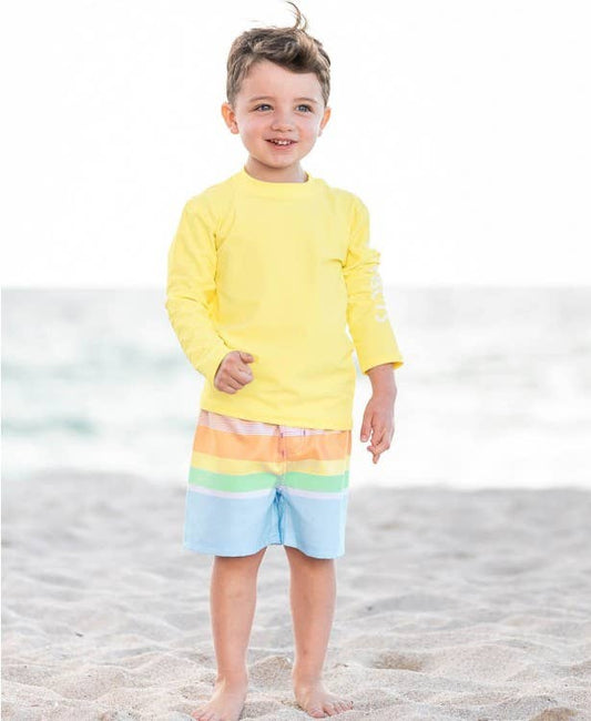 RuffleButts + RuggedButts - Rainbow Multi-Stripe Swim Trunks RuffleButts + RuggedButts - Rainbow Multi-Stripe Swim Trunks