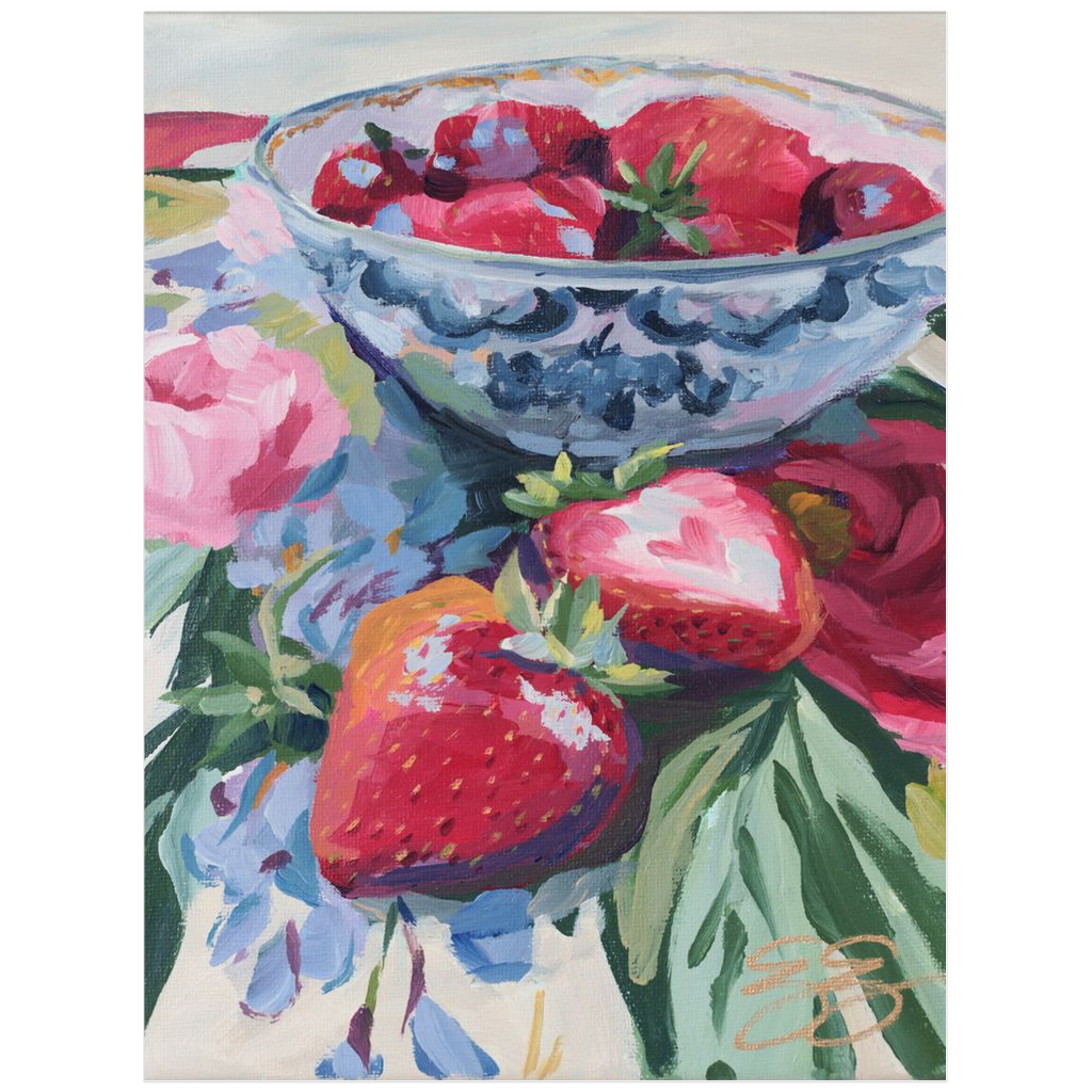 Strawberries on floral fabric, a fine art print on paper