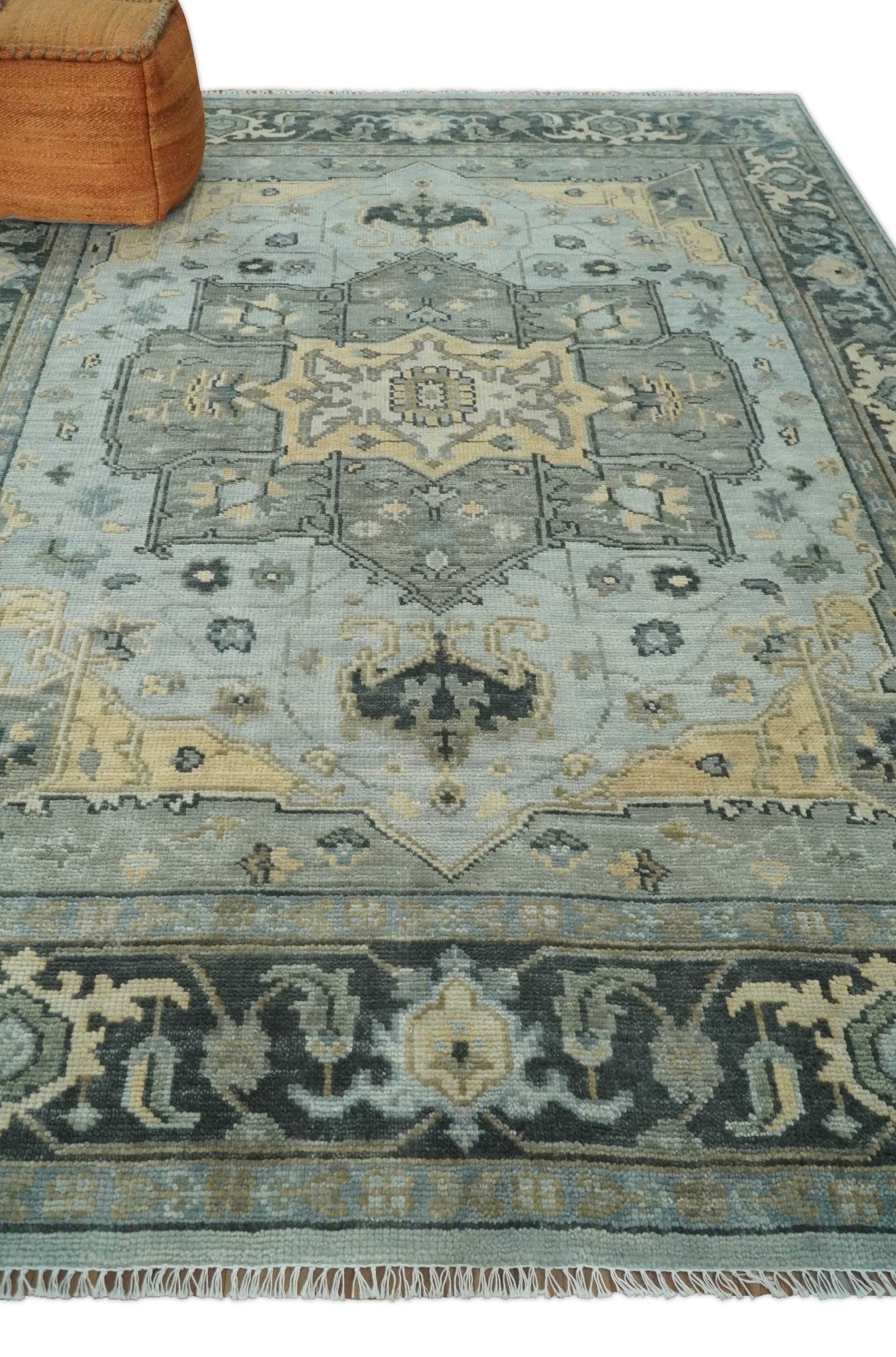 Custom made Beige, Gray and Charcoal Hand Knotted Antique look Traditional Heriz Serapi Wool Rug