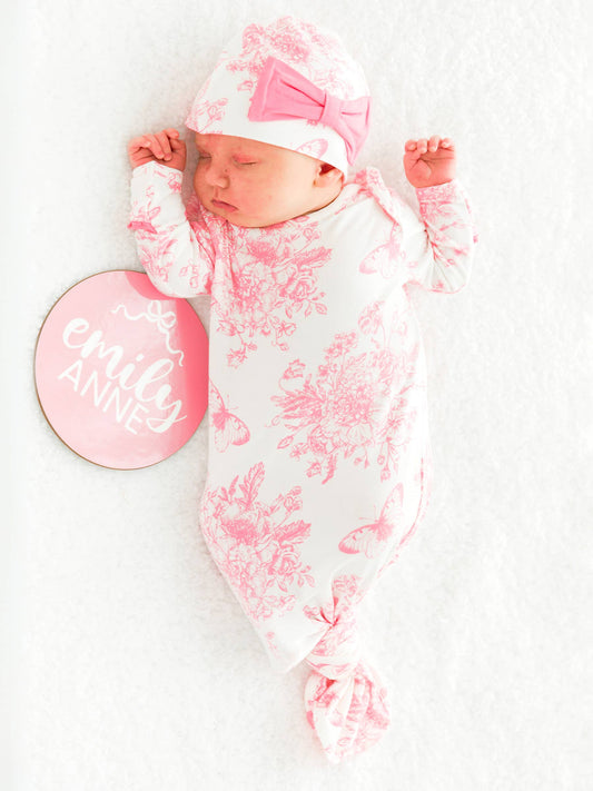 RuffleButts + RuggedButts - Baby Girls Pink Butterfly Garden Toile Bamboo Viscose Knotted Ruffle Gown & Hat Set