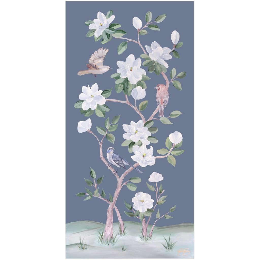 Songbirds and Magnolias, a dark blue chinoiserie fine art print