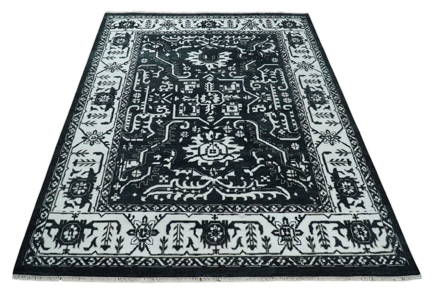 Black and White 6x9, 8x10 and 9x12 Hand Knotted Traditional Persian Oushak Wool and Viscose Rug, Accent Rug | TRDCP840