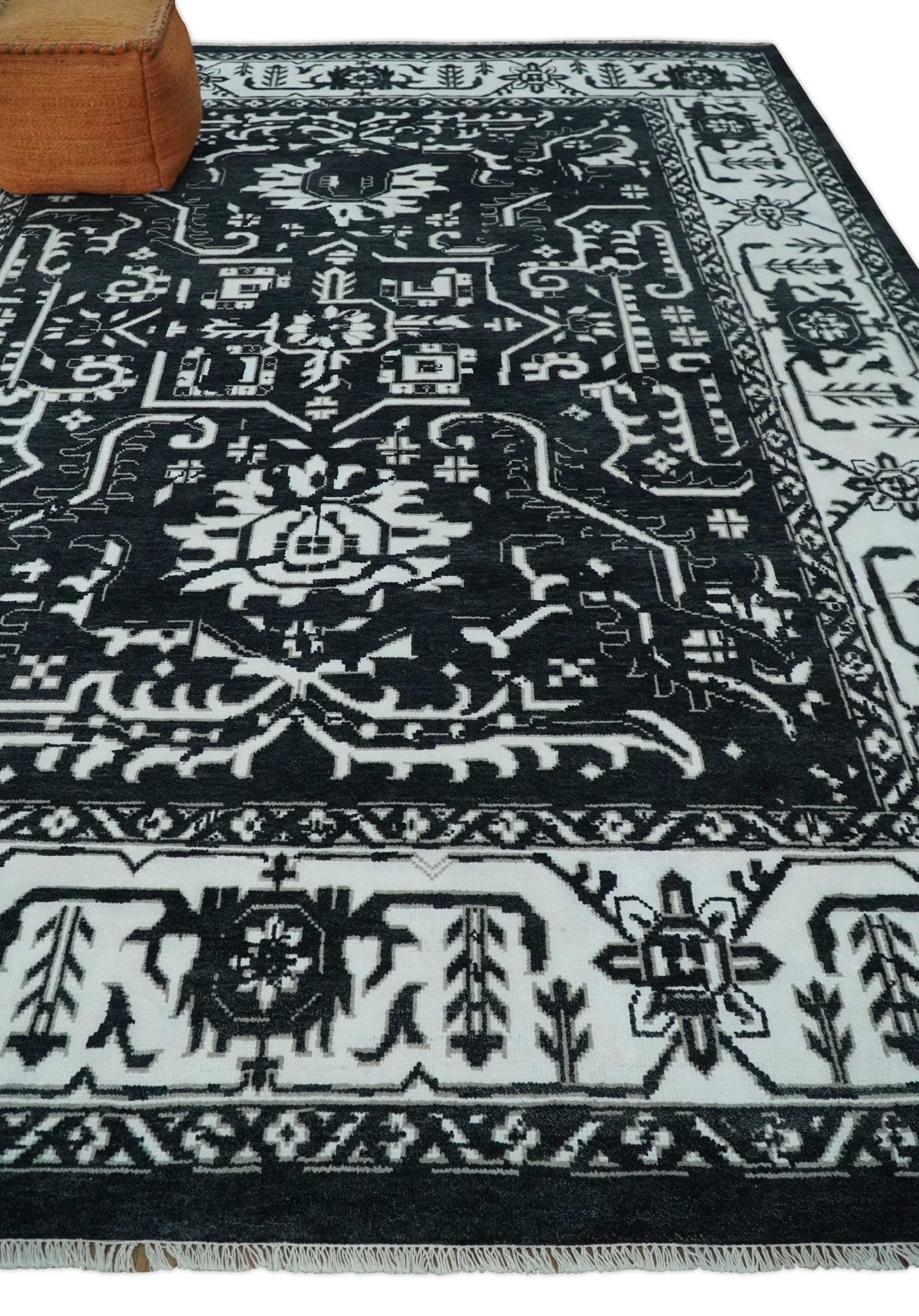 Black and White 6x9, 8x10 and 9x12 Hand Knotted Traditional Persian Oushak Wool and Viscose Rug, Accent Rug | TRDCP840