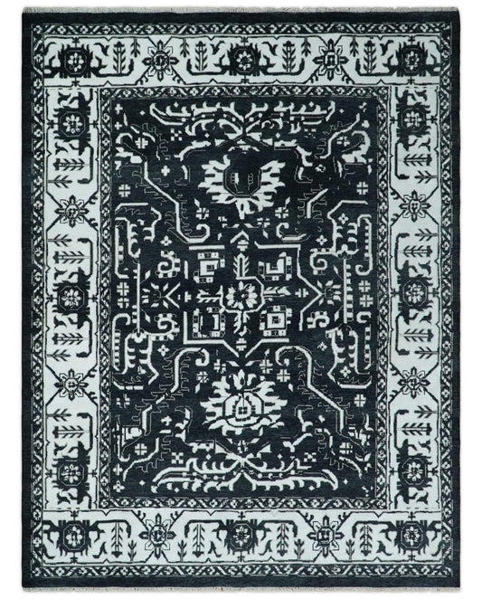 Black and White 6x9, 8x10 and 9x12 Hand Knotted Traditional Persian Oushak Wool and Viscose Rug, Accent Rug | TRDCP840