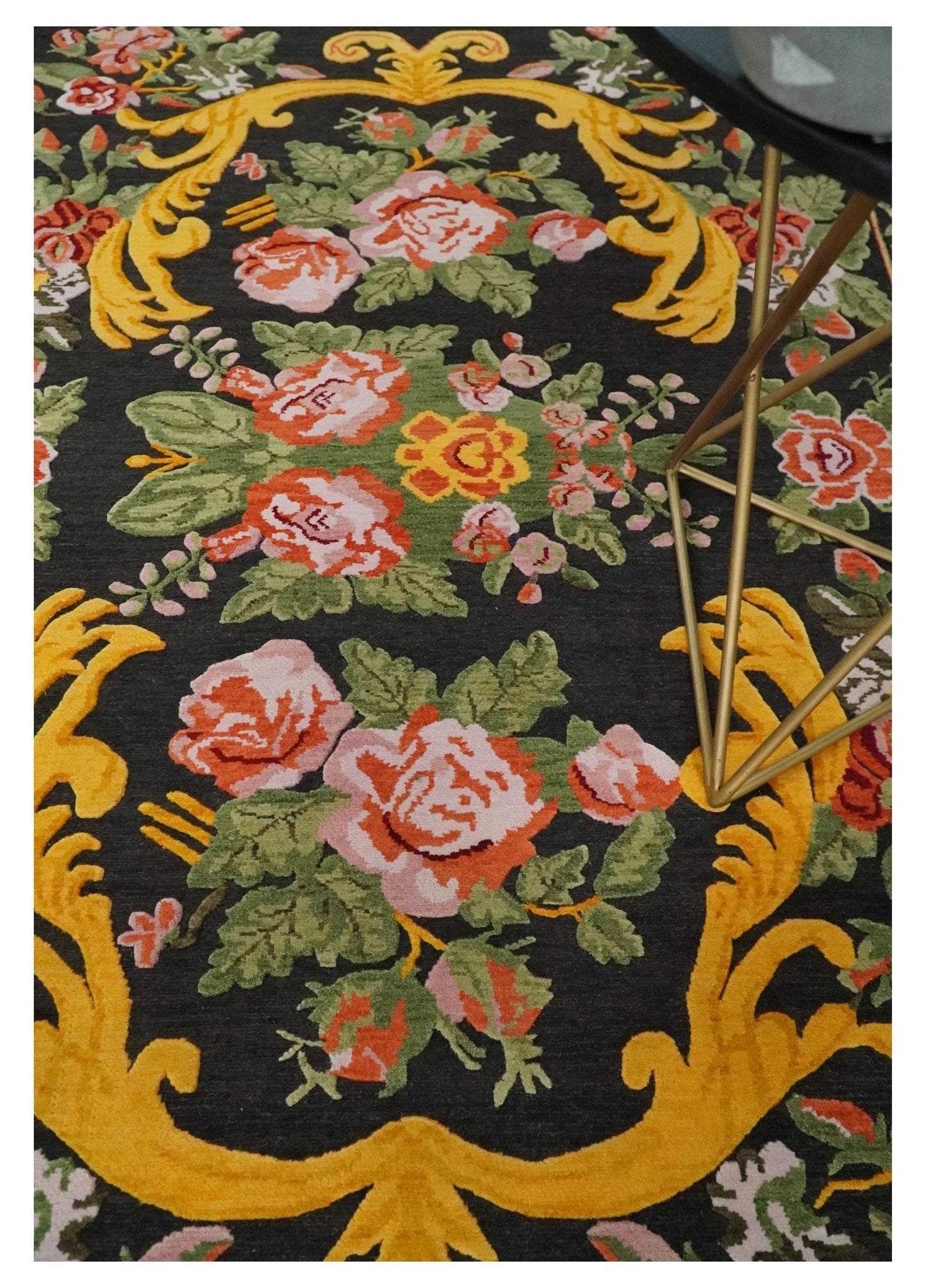 5x7 Flatwoven Soumak Black, Green, Gold and Pink Flower Wool Floral Design Rug| KNT29