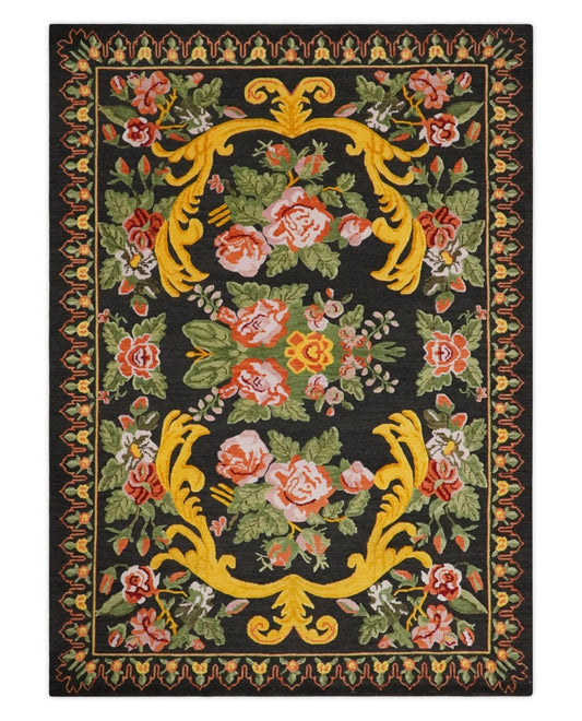 5x7 Flatwoven Soumak Black, Green, Gold and Pink Flower Wool Floral Design Rug| KNT29