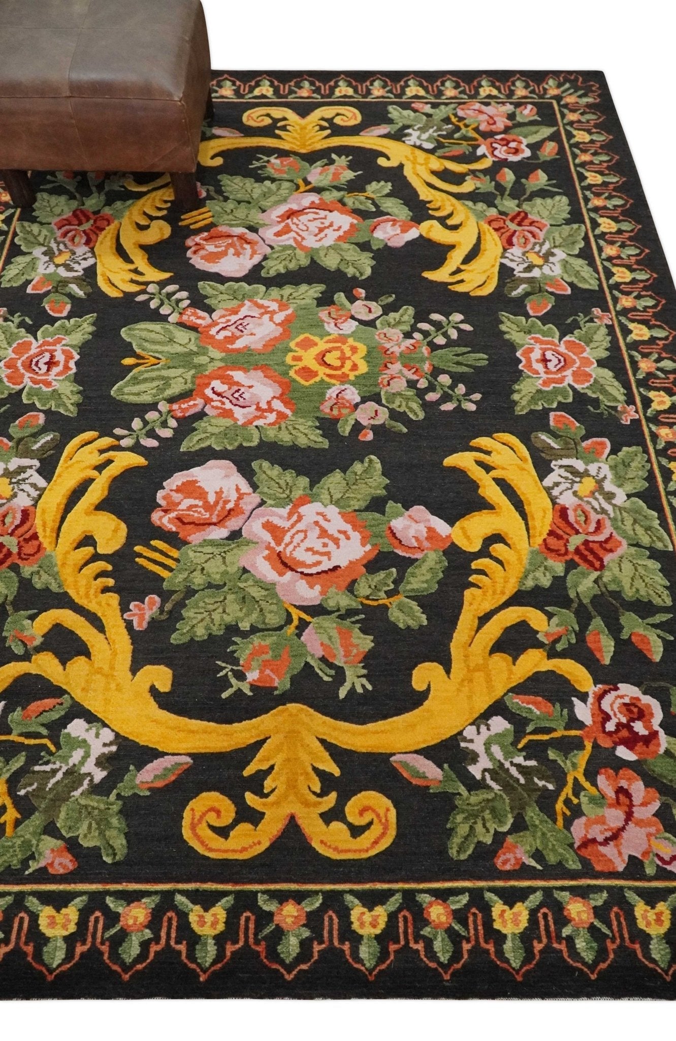 5x7 Flatwoven Soumak Black, Green, Gold and Pink Flower Wool Floral Design Rug| KNT29