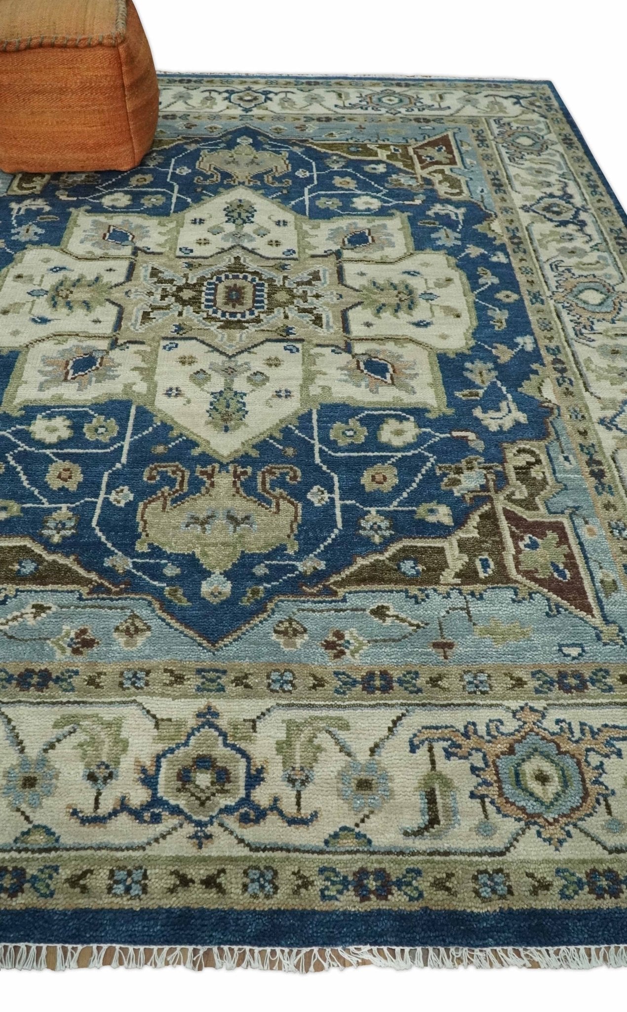 Antique look Blue, Ivory and Olive Traditional Heriz Medallion Multi Size wool Area Rug