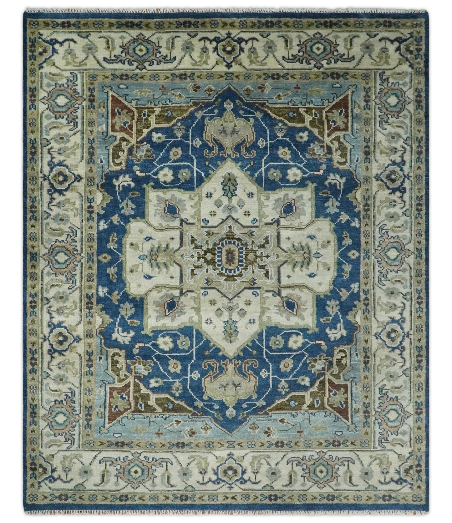 Antique look Blue, Ivory and Olive Traditional Heriz Medallion Multi Size wool Area Rug