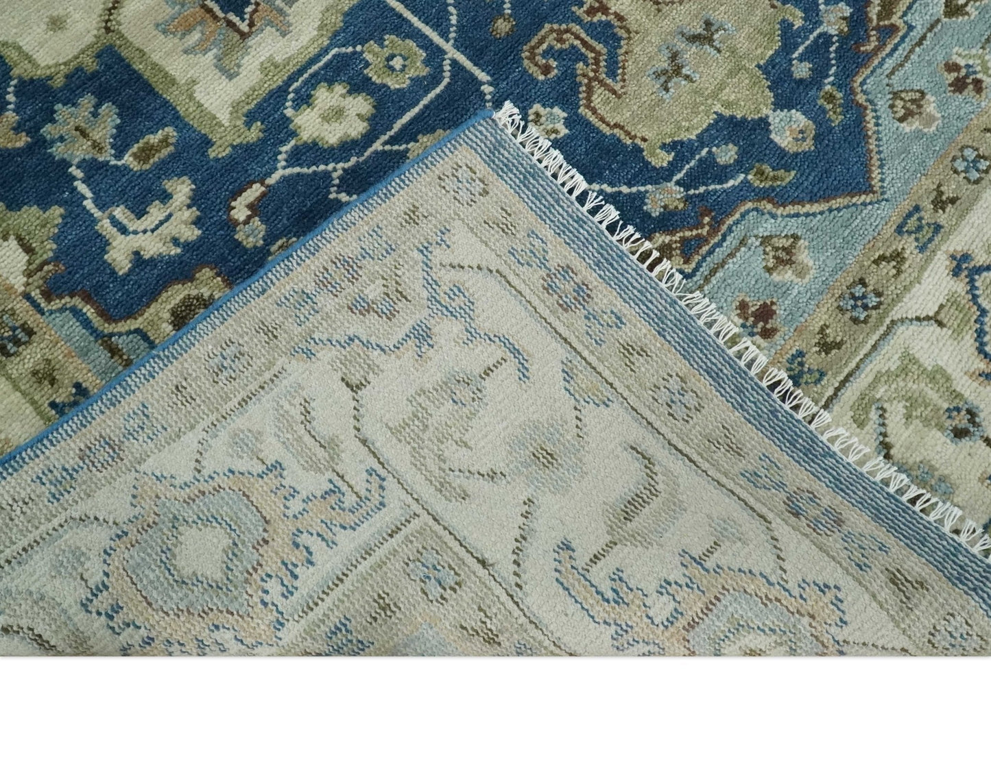 Antique look Blue, Ivory and Olive Traditional Heriz Medallion Multi Size wool Area Rug