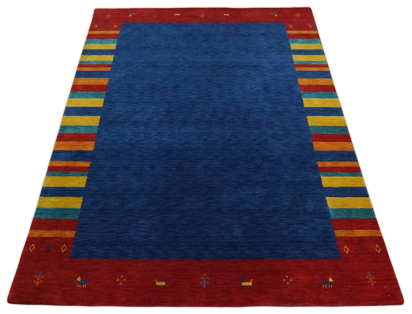 5.8x8 Blue and Rust with multicolor Striped Wool Hand Woven Southwestern Lori Gabbeh Rug| KNT19