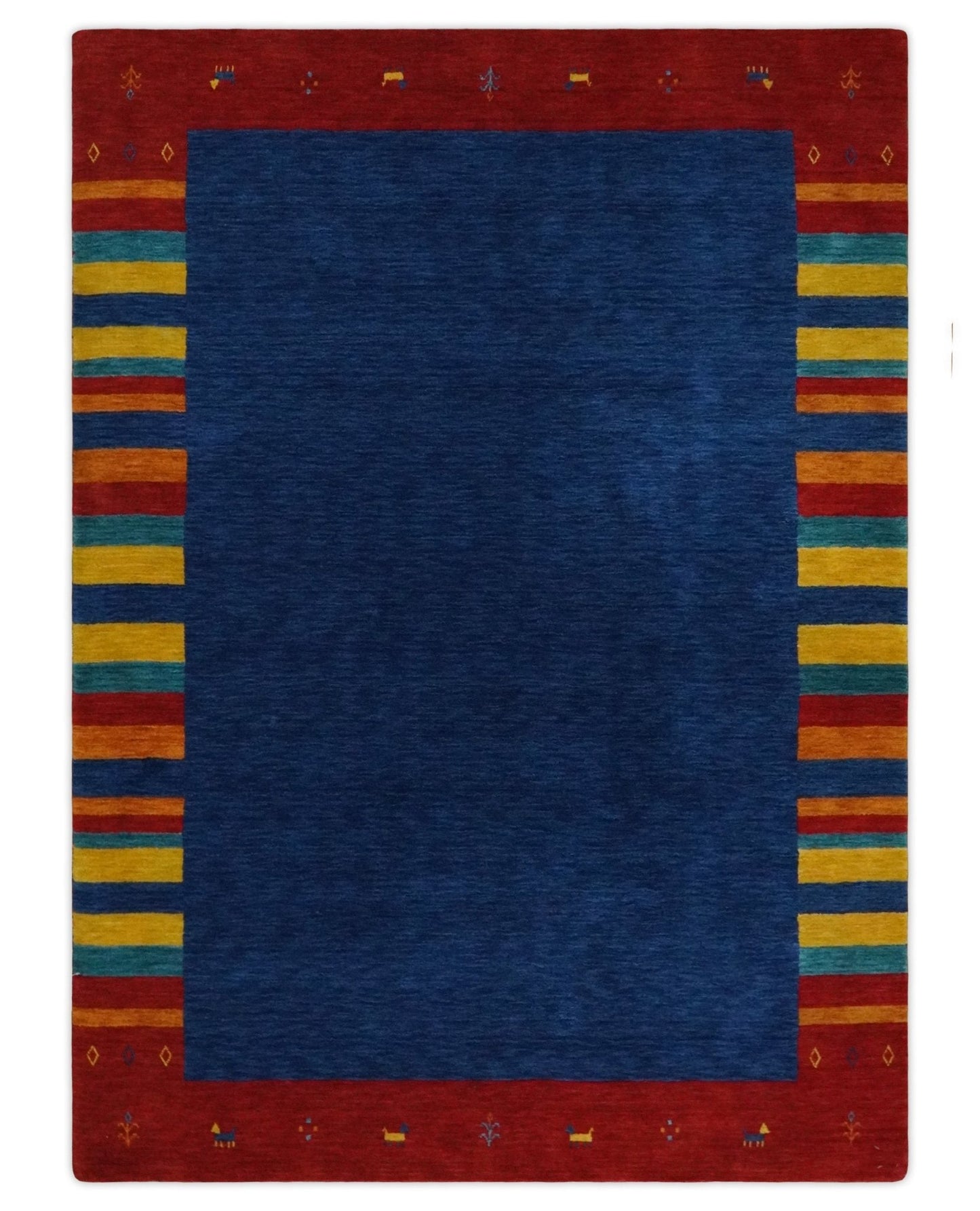 5.8x8 Blue and Rust with multicolor Striped Wool Hand Woven Southwestern Lori Gabbeh Rug| KNT19