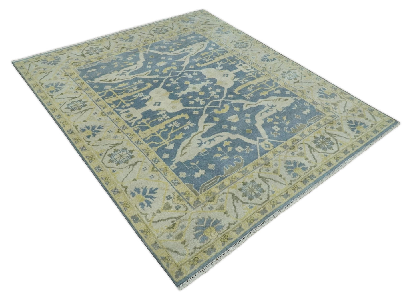 Blue, Ivory and Beige Hand Knotted 8x10 Oriental Oushak  Wool Area Rug | TRDCP1176810