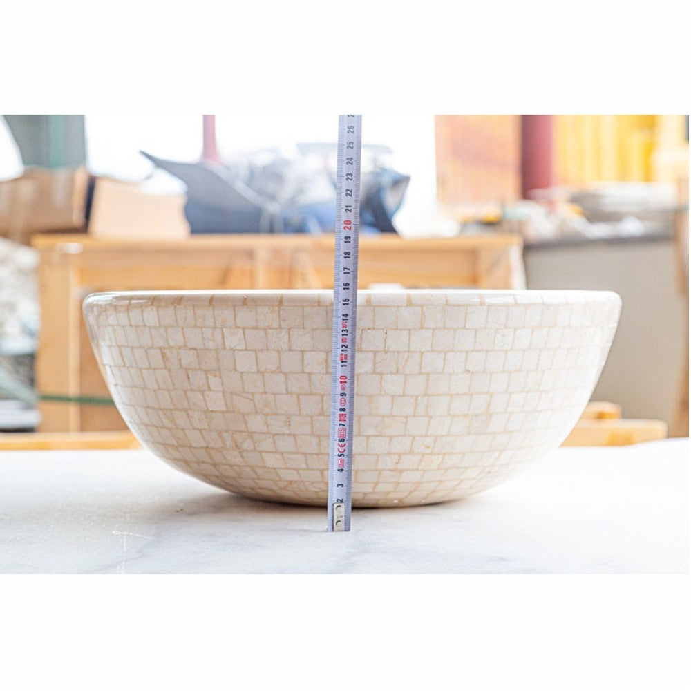 Botticino Marble Natural Stone Round Vessel Sink (D)16" (H)6"