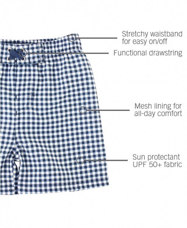 RuffleButts - Navy Gingham Swim Trunks