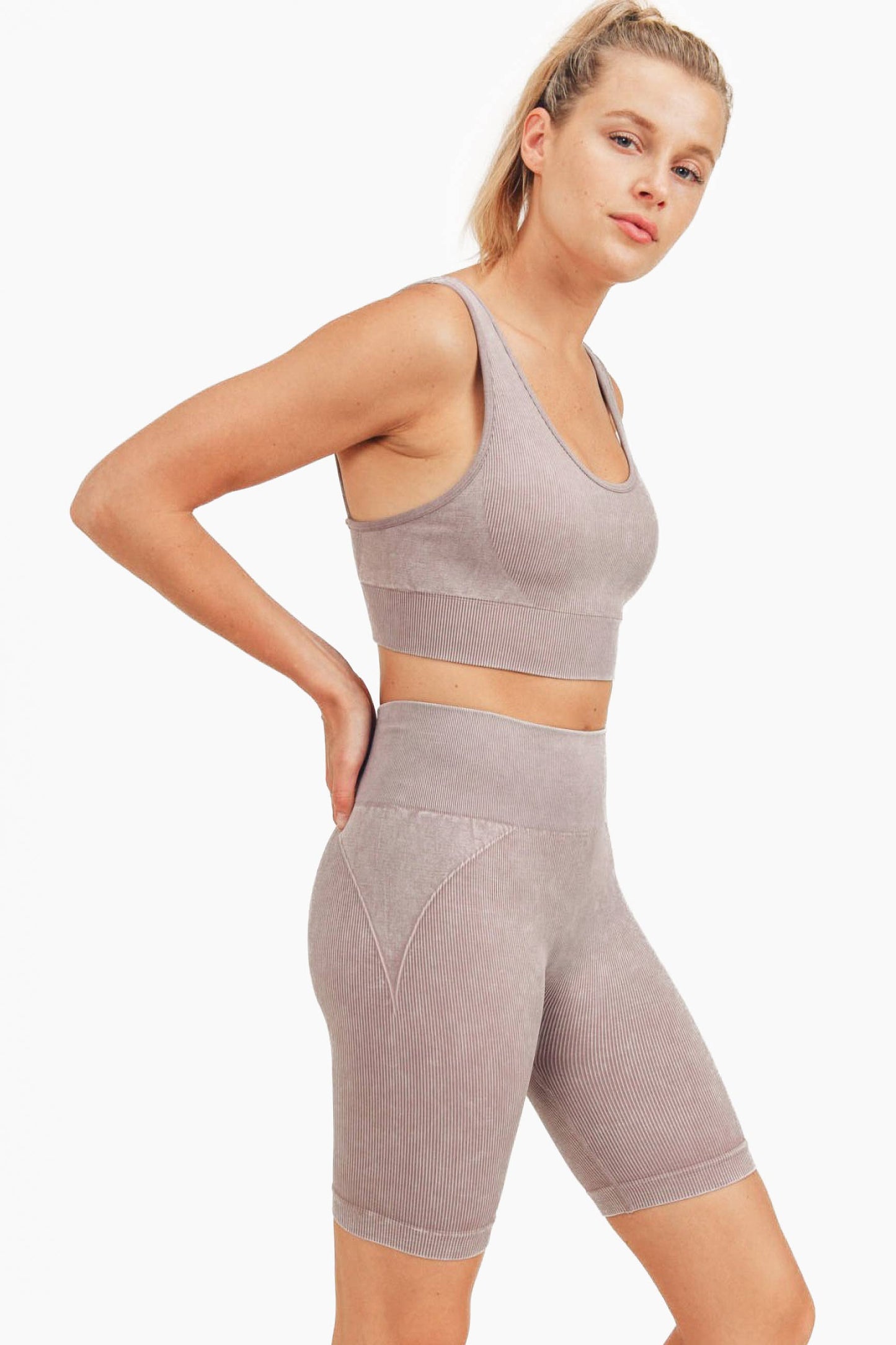 Mono B - Spliced Mineral-Washed Seamless Ribbed Sports Bra