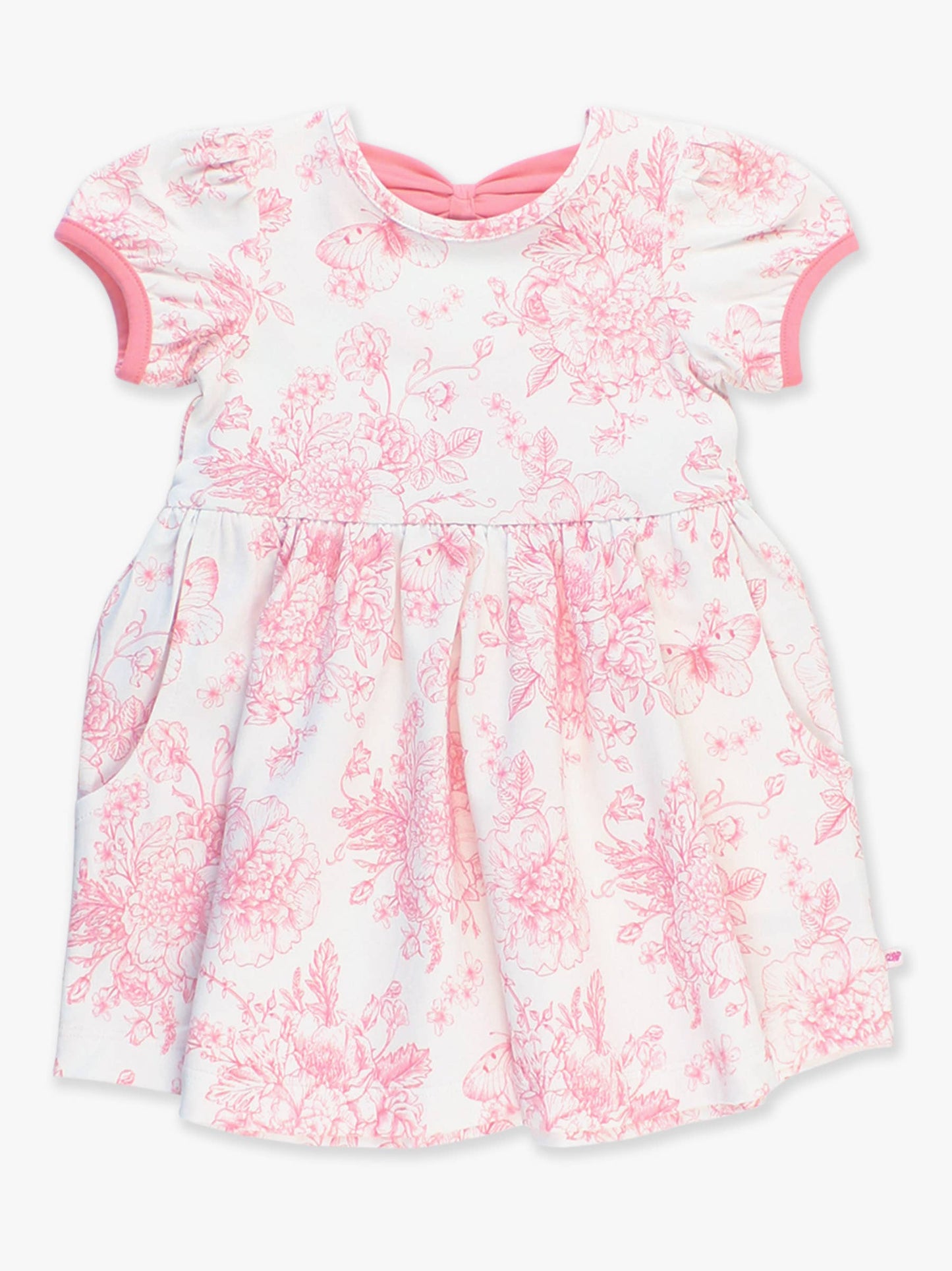 RuffleButts + RuggedButts - Girls Bubblegum Pink Butterfly Garden Toile Puff Short Sleeve Bow Twirl Dress