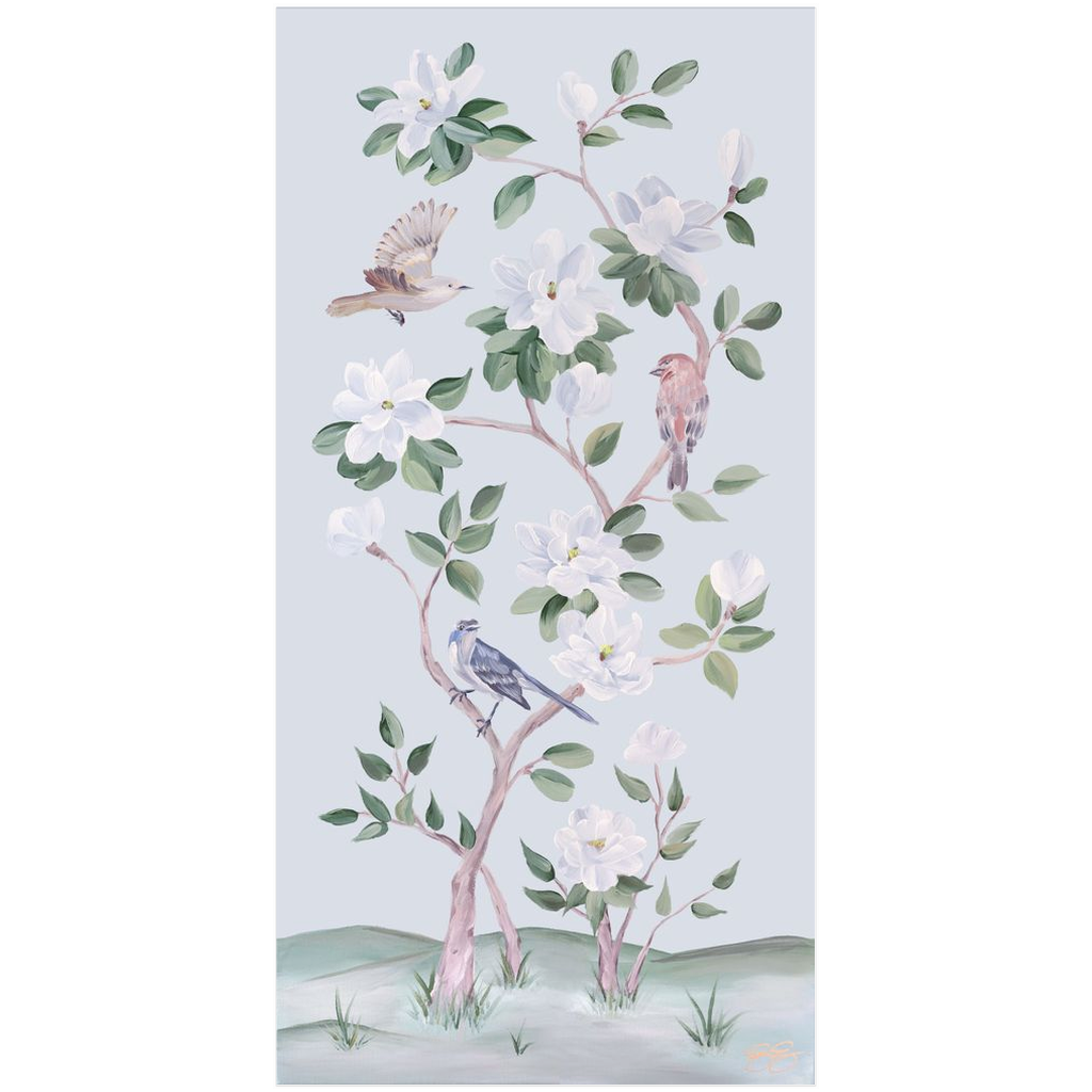 Songbirds and Magnolias, a light blue chinoiserie fine art print