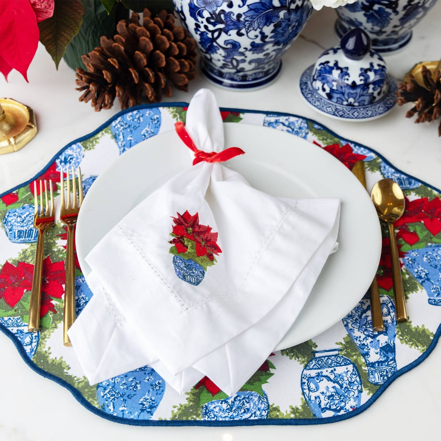 8 Oak Lane - Poinsettia Embroidered Dinner Napkin