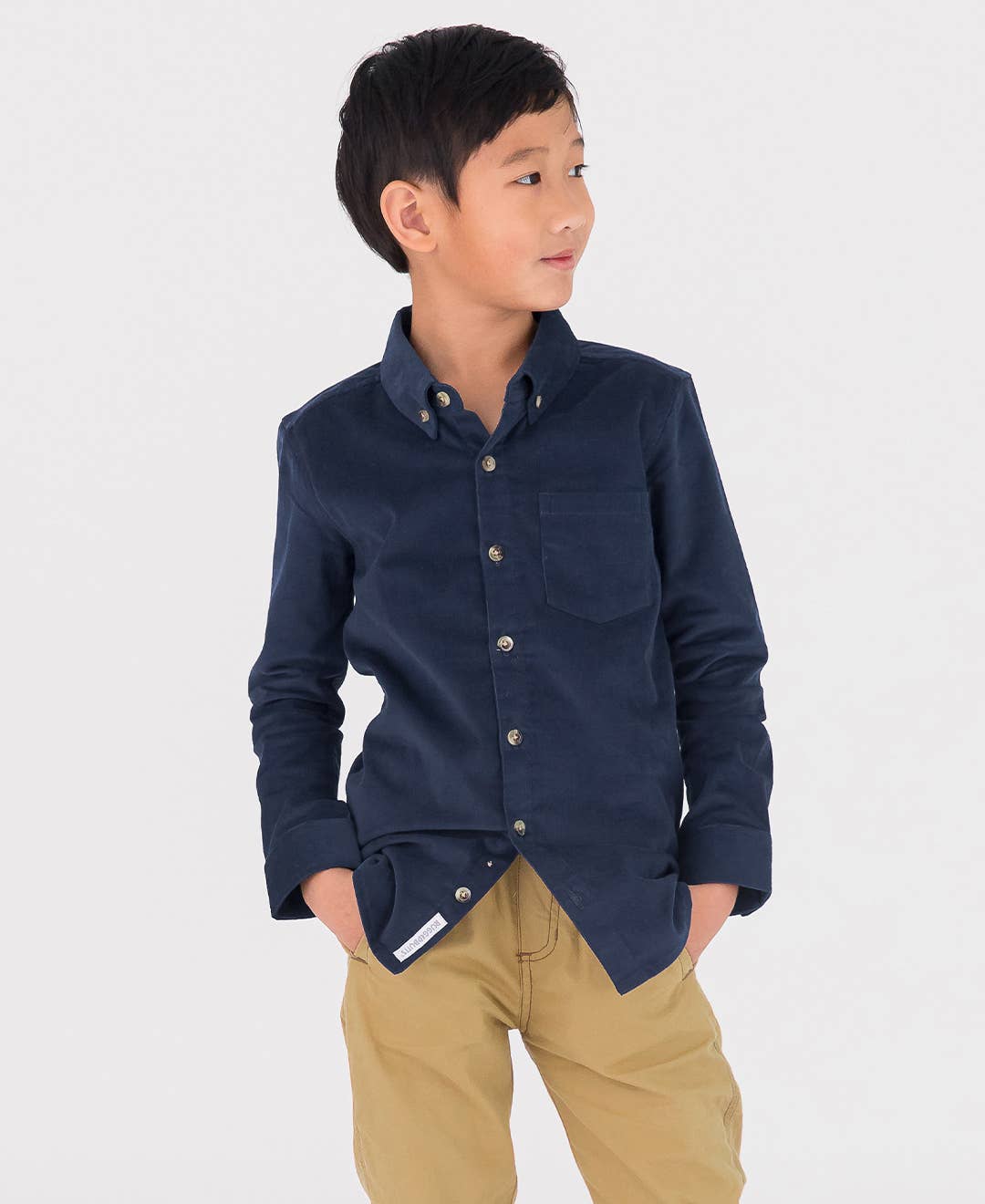 RuffleButts + RuggedButts - Boys Dark Navy Stretch Corduroy Long Sleeve Button Down Shirt