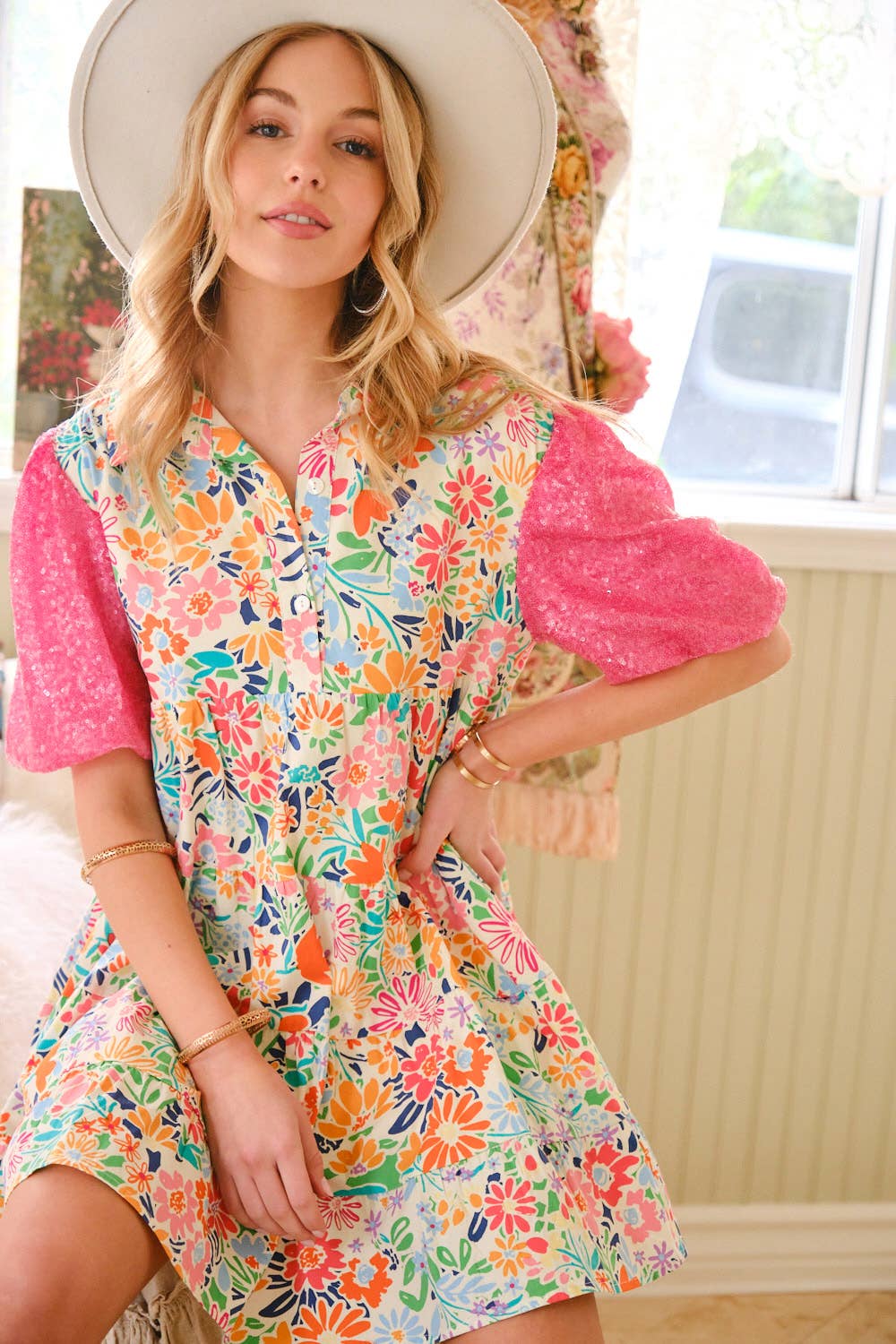 Blue B - 32878D - Floral Cotton Sequin Puff SLV Shirt Mini Dress