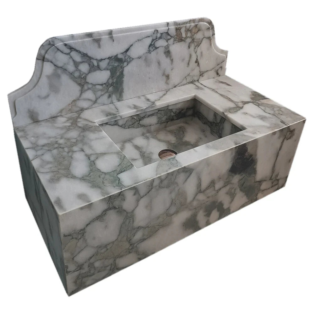 Calacatta Verde Marble Rectangular Wall-mount Bathroom Sink with 10" Backsplash (W)16" (L)34" (H)12"