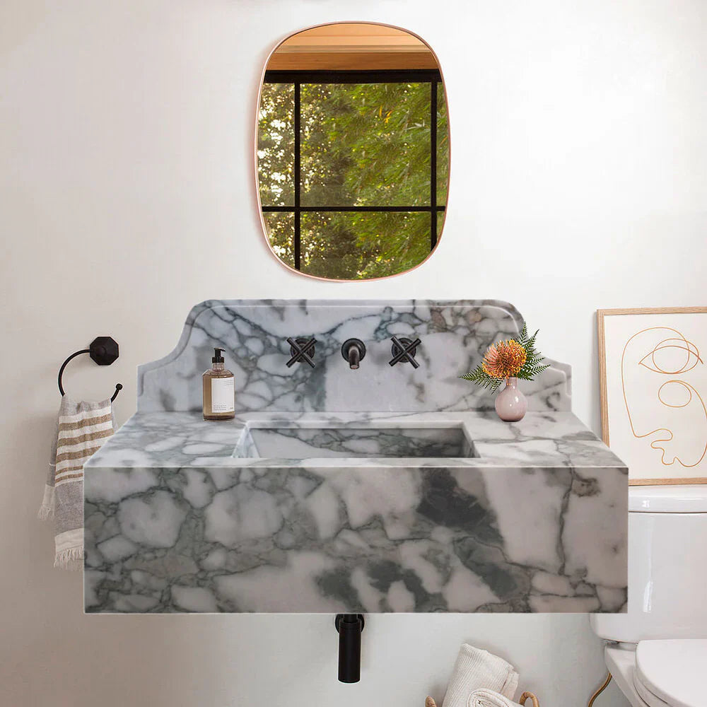 Calacatta Verde Marble Rectangular Wall-mount Bathroom Sink with 10" Backsplash (W)16" (L)34" (H)12"