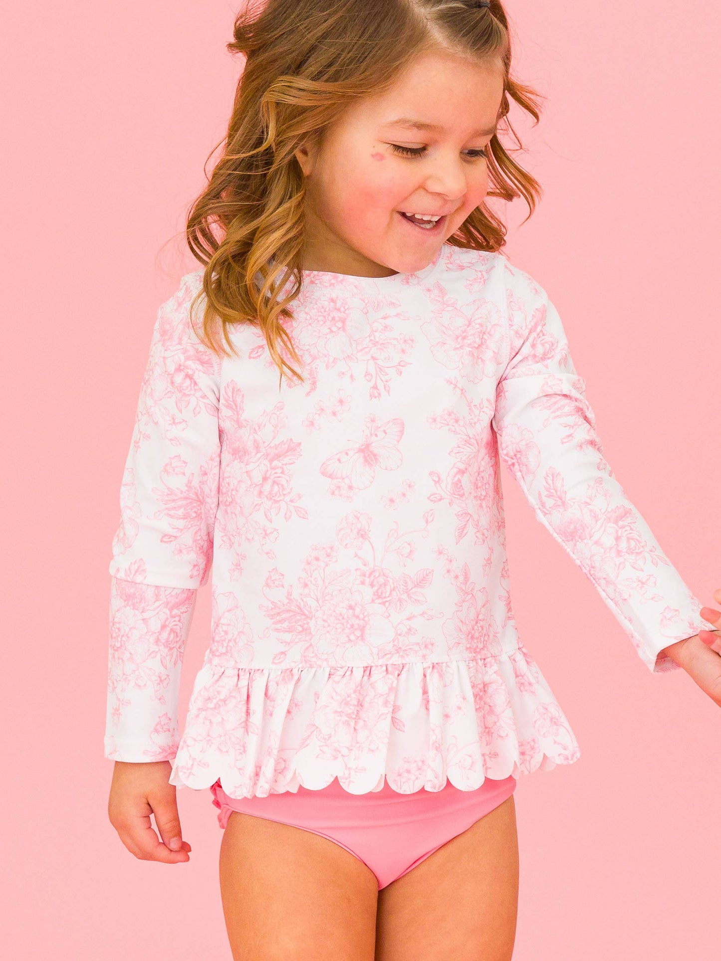 RuffleButts + RuggedButts - Girls Pink Butterfly Garden Toile Long Sleeve Rash Guard 2-Piece