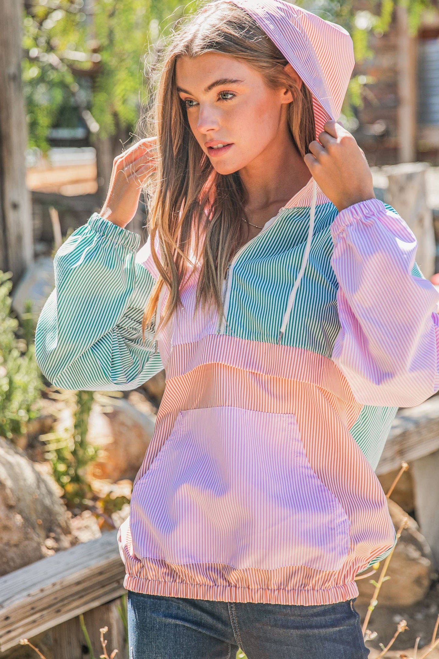 AND THE WHY - ***(OPEN SIZING)***ATW14787 -Stripe Color Block Windbreaker