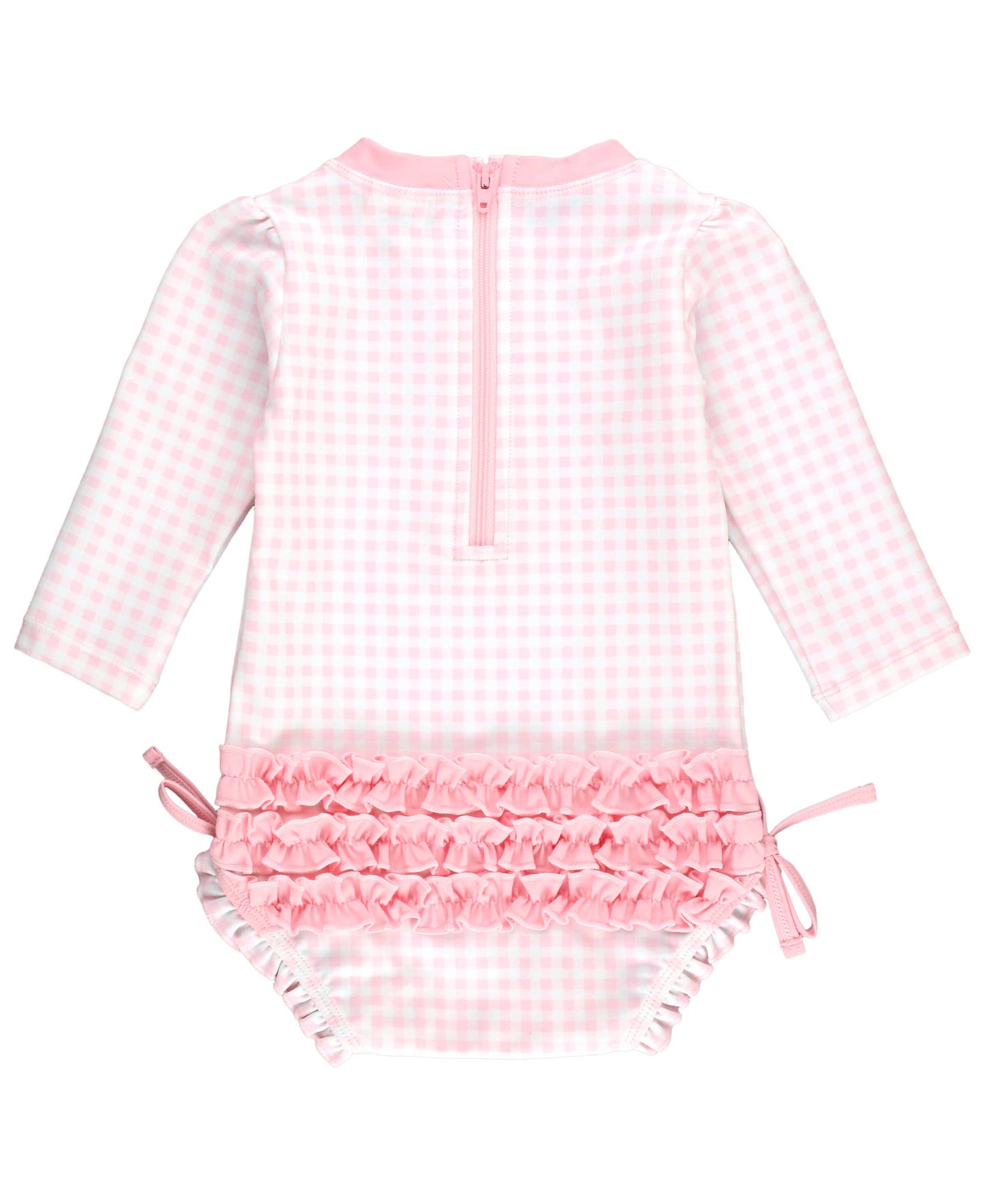 RuffleButts + RuggedButts - Baby Girls Pink Gingham Long Sleeve One Piece Rash Guard