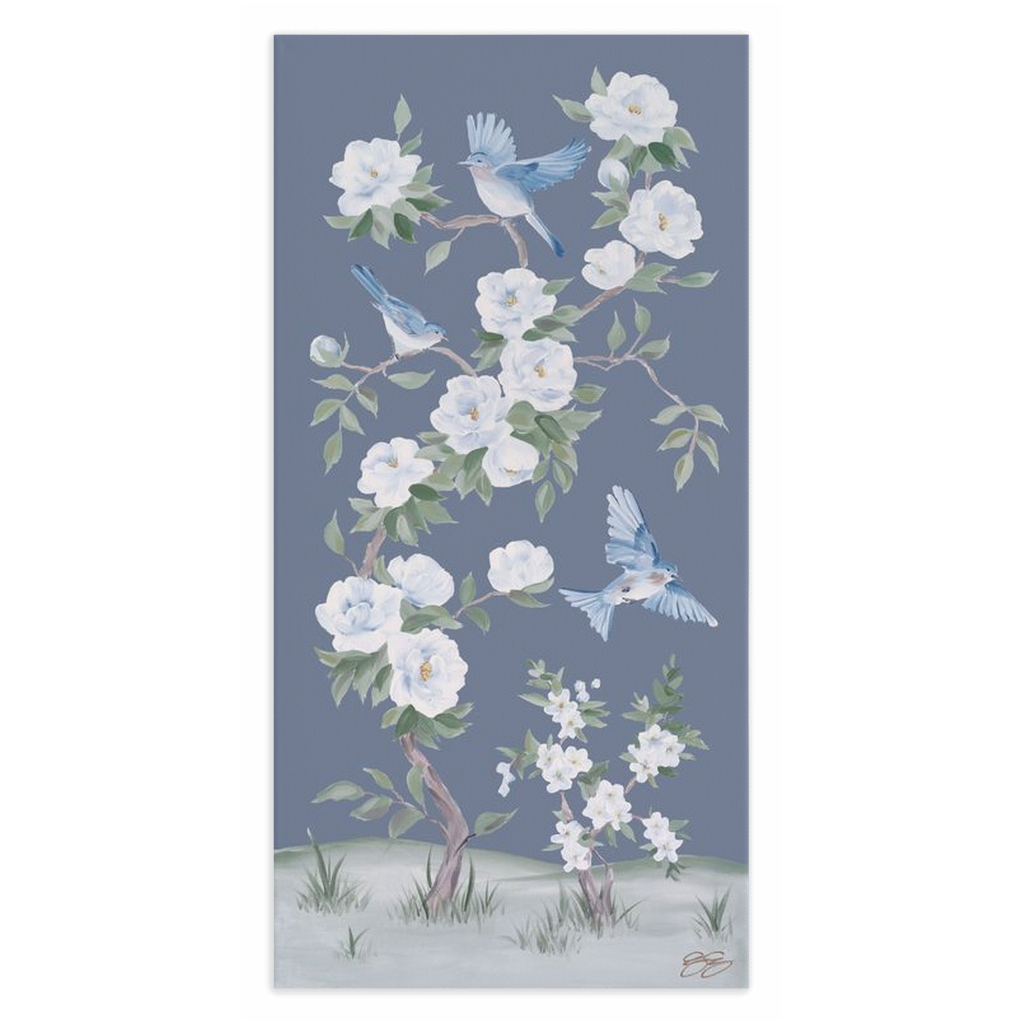 Bluebirds and Peonies, a dark blue chinoiserie canvas wrap