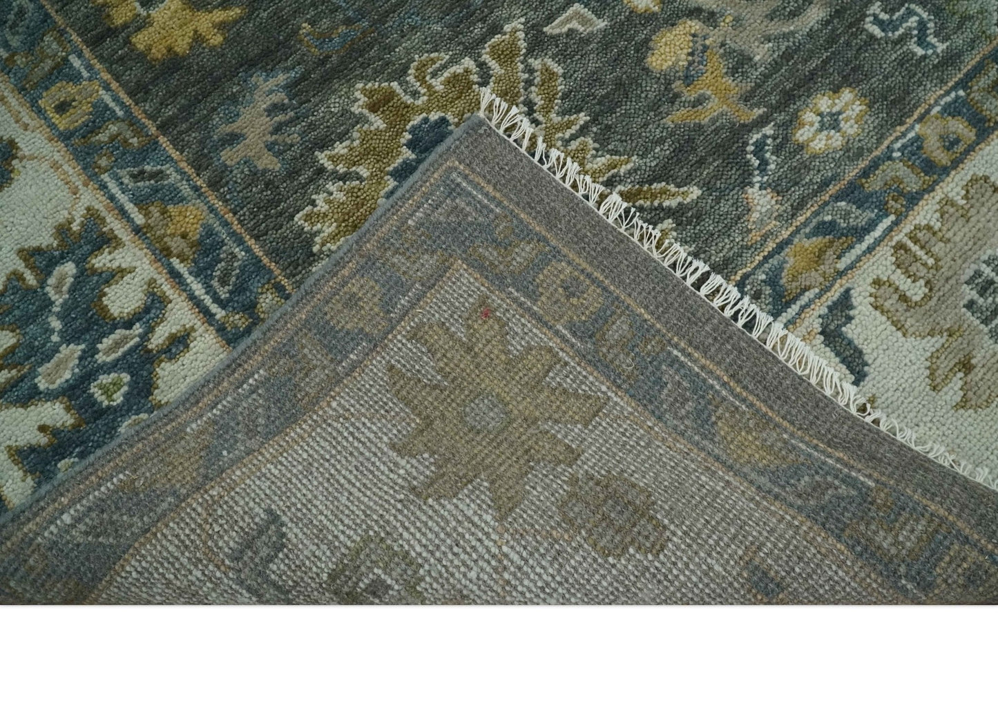 Green and Ivory Hand Knotted Traditional Oushak Custom Made Wool Area Rug