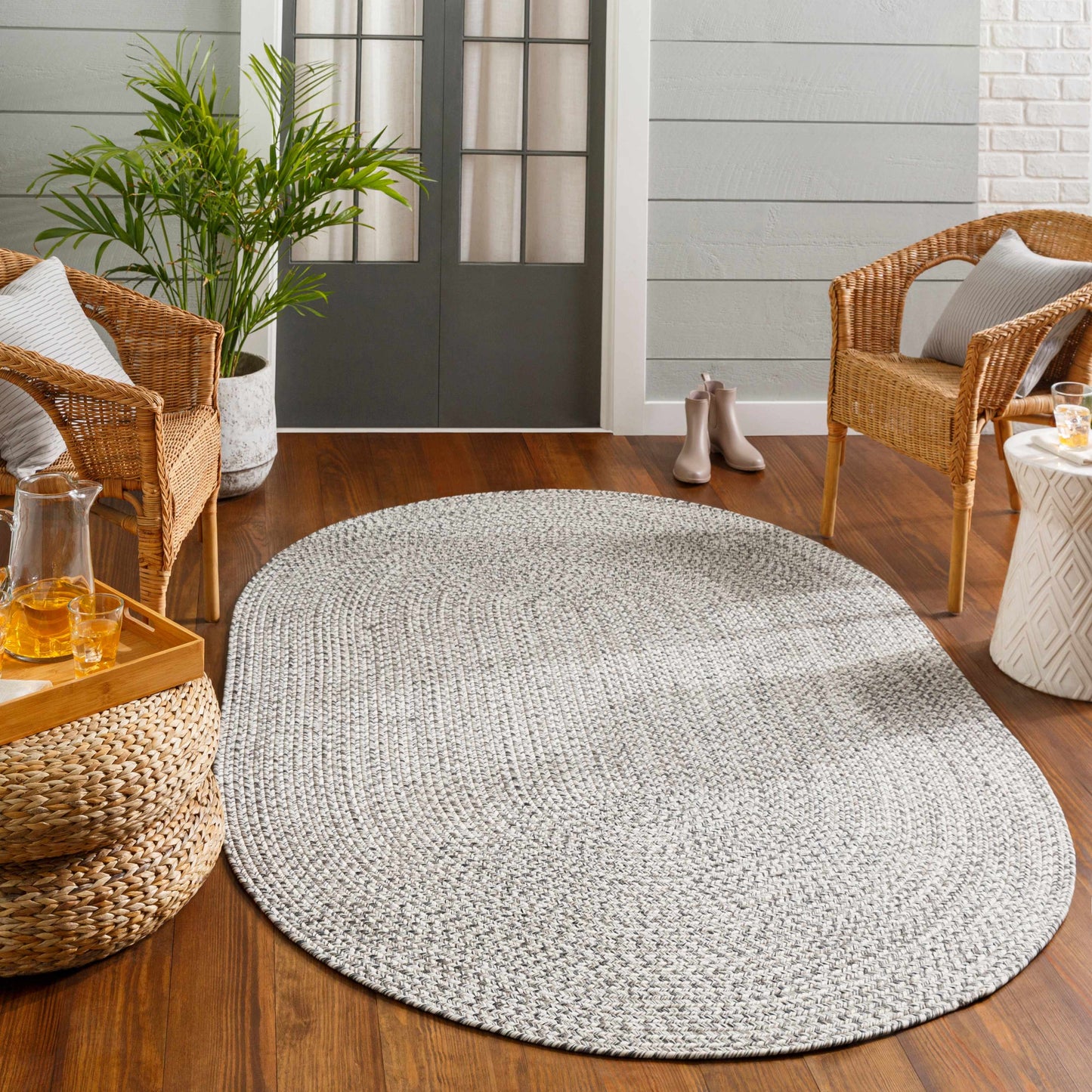 Cream Charcoal Braided Faux Jute Rug