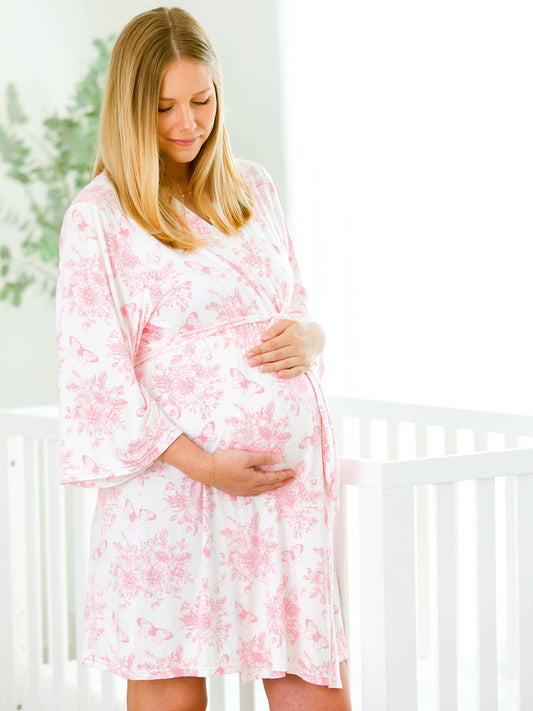 RuffleButts + RuggedButts - Women's Pink Butterfly Garden Toile Bamboo Viscose Mommy & Me Maternity Robe