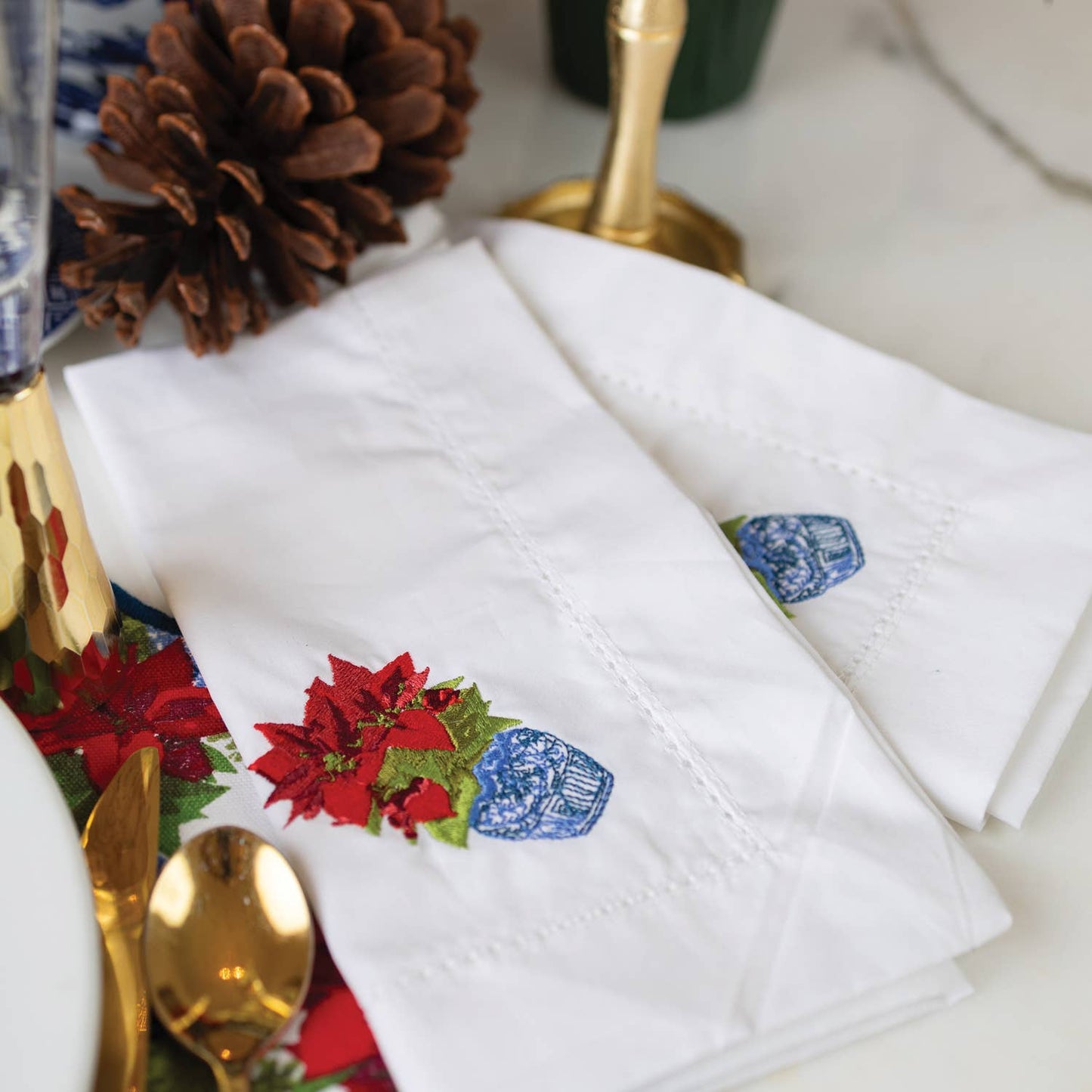 8 Oak Lane - Poinsettia Embroidered Dinner Napkin