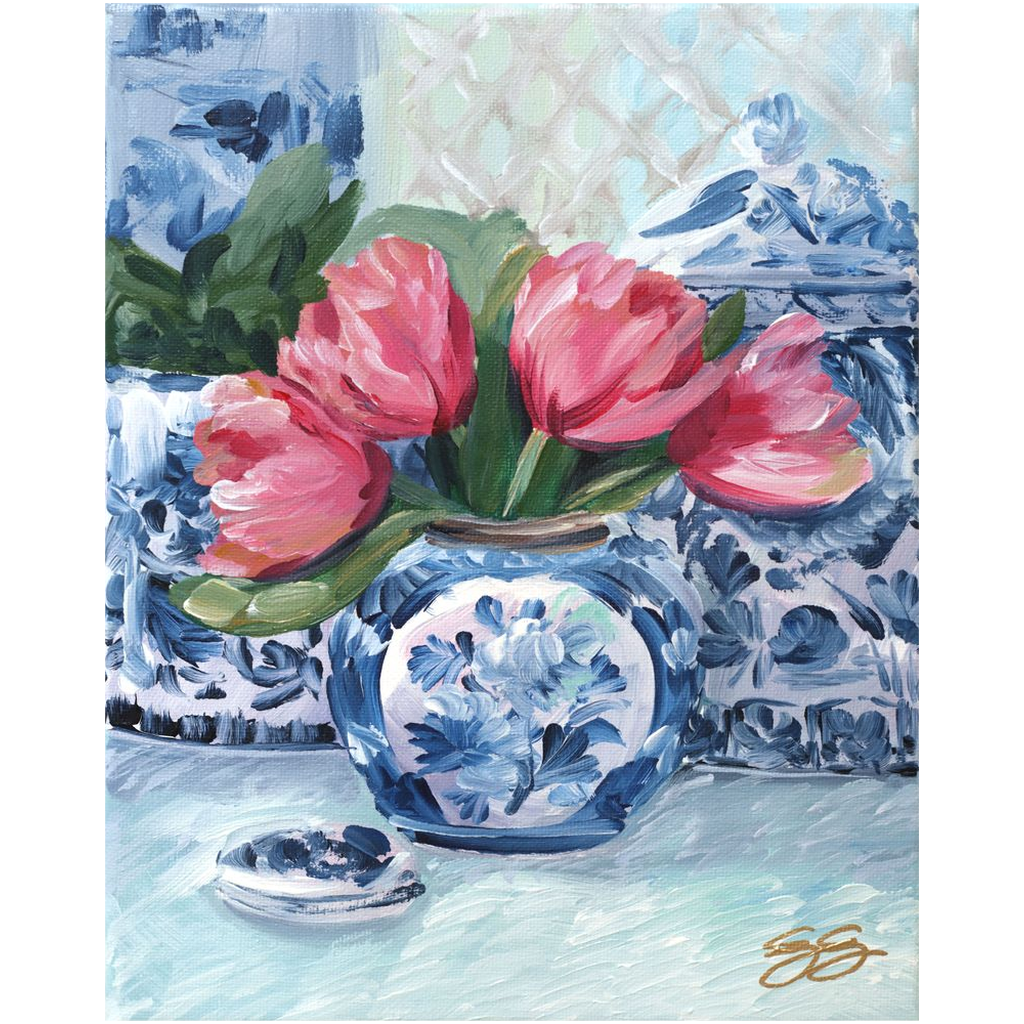 Pink Tulips, Blue Vase; a fine art print on canvas