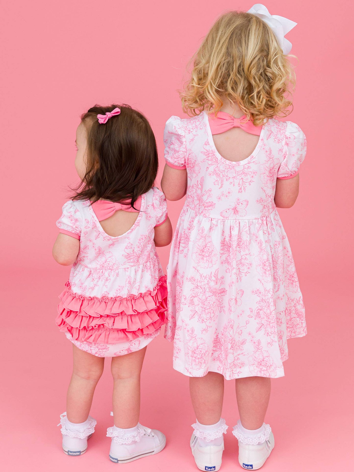 RuffleButts + RuggedButts - Girls Bubblegum Pink Butterfly Garden Toile Puff Short Sleeve Bow Twirl Dress