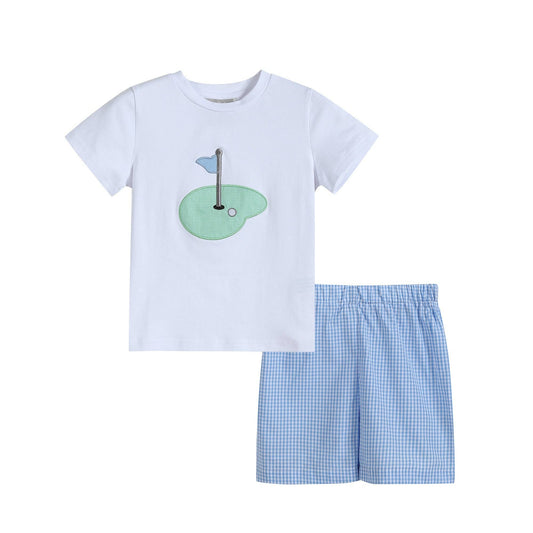 Lil Cactus - Blue Gingham Golf Hole Shirt and Shorts Set